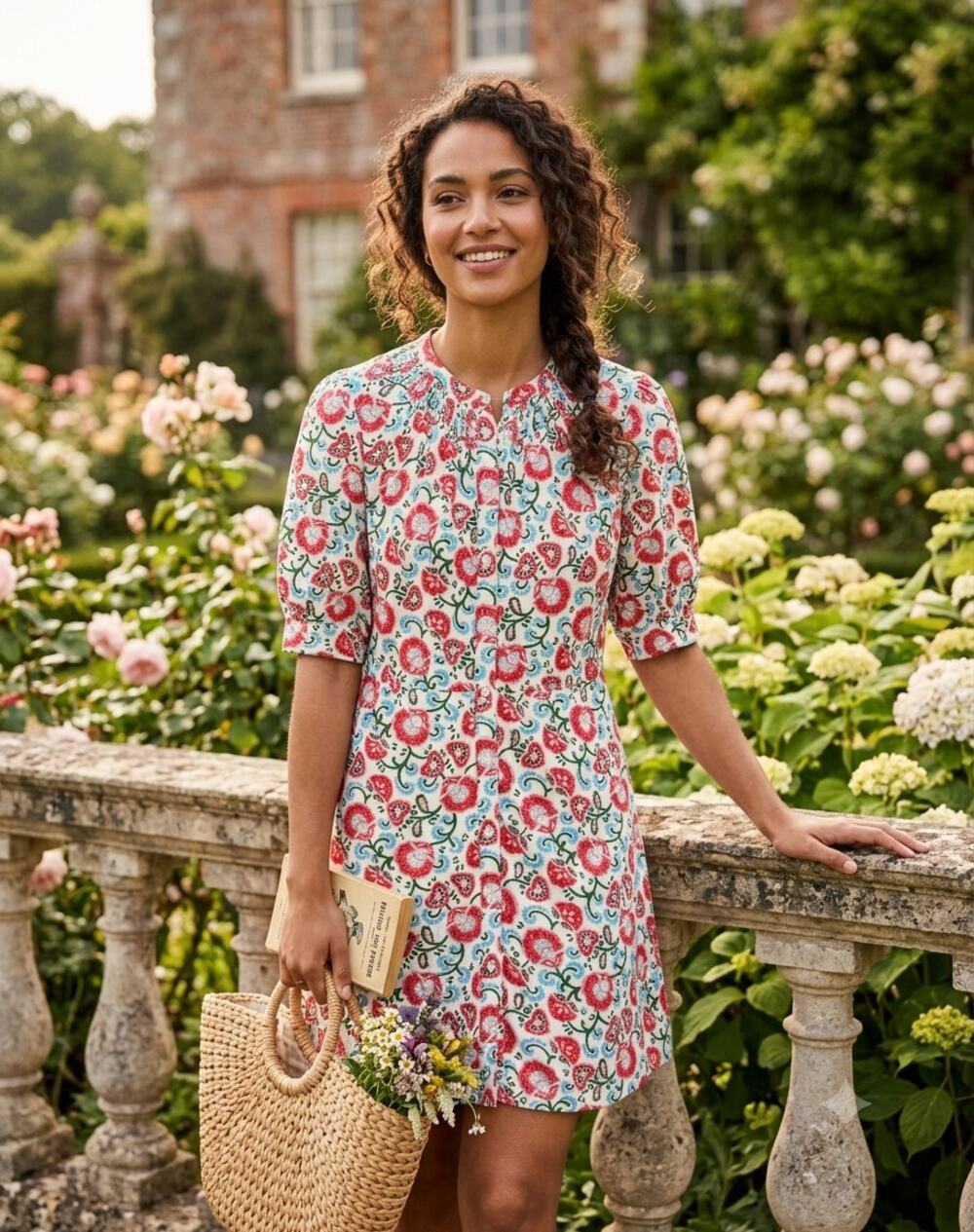 Boden Double Cloth Short Dress Floral Smocked Puff Sleeve US 6P / UK 10P